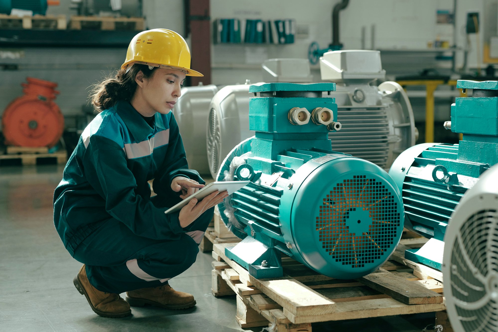 Bild: Elektrikerin mit gelbem Sicherheitshelm
